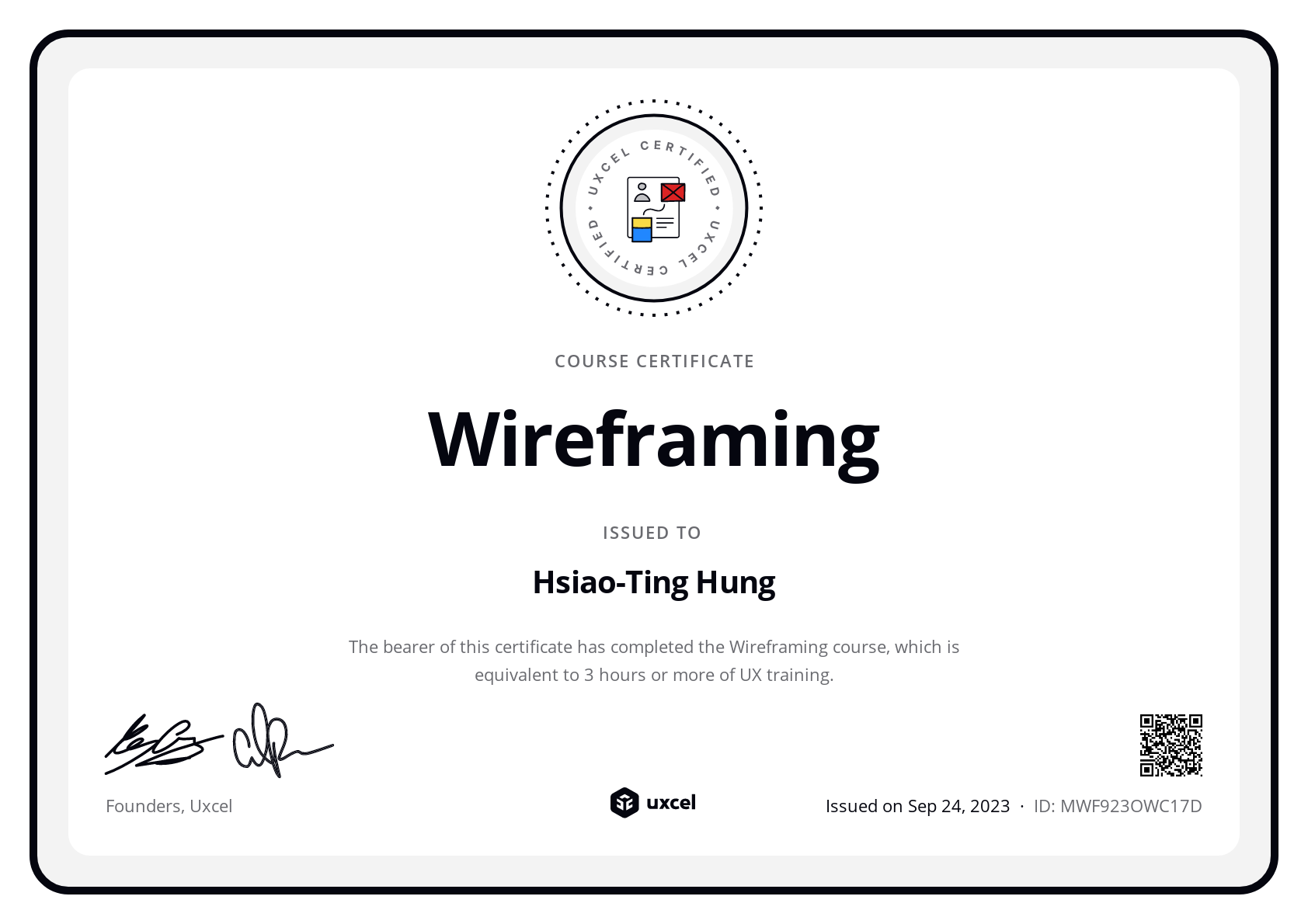 Hsiao-Ting Hung's certificate